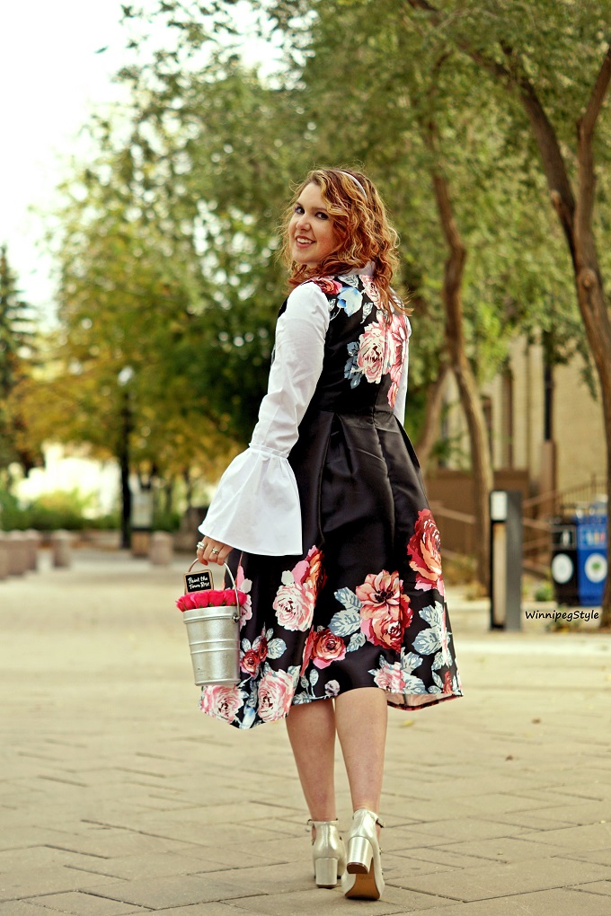 Winnipeg Style Canadian Fashion blog, Chie Mihara Fall Winter 2017 2018 collection Flawless silver buckle heels shoes, Chicwish fall floral flower print midi classic modest dress, Kate Spade rose bucket leather handbag purse, Como Black white cotton blouse bell sleeve layered, inspiration
